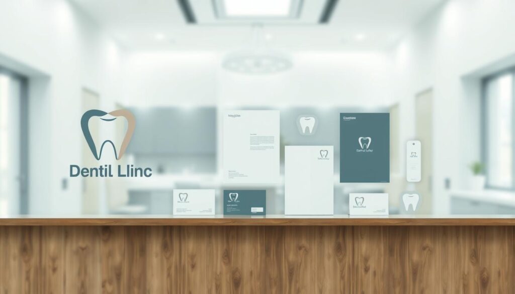 A meticulously designed visual identity for a modern dental clinic, with a clean, minimalist aesthetic. In the foreground, a striking logo comprised of a sleek, stylized tooth shape in a muted pastel palette, conveying professionalism and attention to detail. The middle ground features a crisp, well-organized layout showcasing various brand elements, such as business cards, stationery, and signage, all adhering to a cohesive visual language. In the background, a softly blurred, elegant medical interior with natural lighting, creating a calming, welcoming atmosphere. The overall composition emphasizes simplicity, sophistication, and a commitment to patient-centric care.