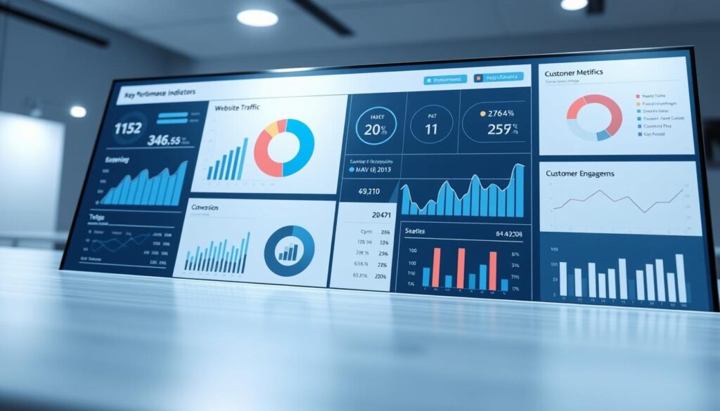 A meticulously rendered, high-resolution image of key performance indicators displayed on a sleek, modern dashboard. The dashboard shows various charts, graphs, and analytics reflecting essential marketing metrics such as website traffic, lead generation, conversion rates, and customer engagement. The dashboard is rendered in a clean, minimalist style with a sophisticated color palette of blues, grays, and whites, creating a sense of professionalism and data-driven insights. The scene is captured in a slightly low perspective, emphasizing the precision and importance of the metrics, all while maintaining a sense of balance and harmony. Subtle lighting from above casts a gentle glow over the dashboard, adding depth and dimension to the image.