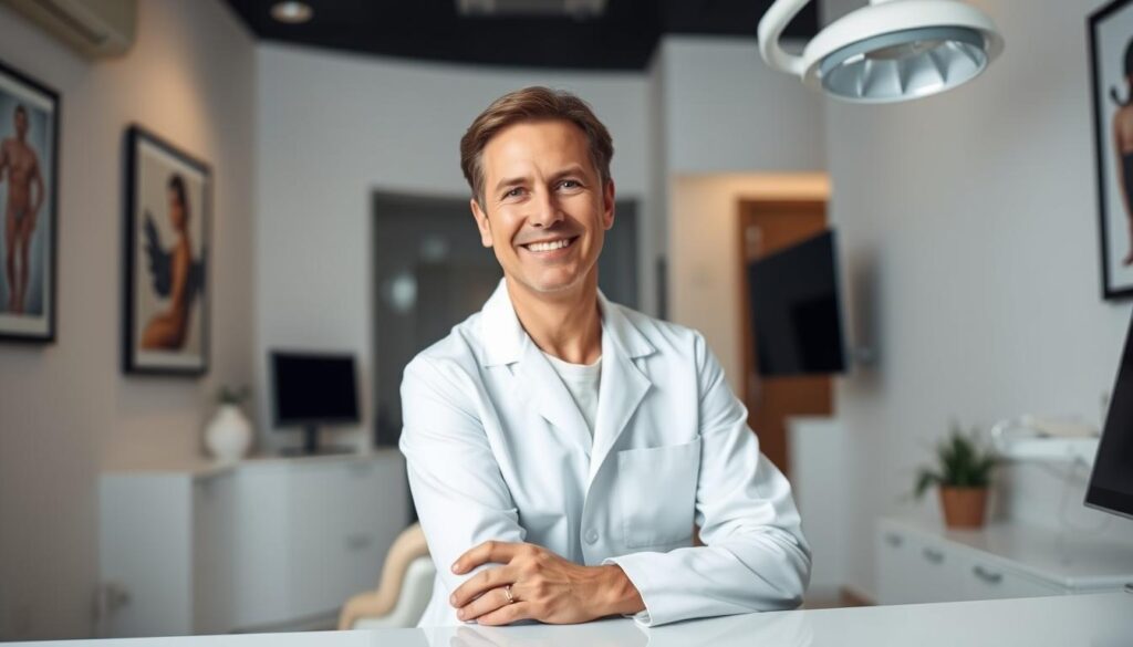 A middle-aged, professional-looking person with a warm, friendly expression sits at a desk in a modern, well-lit dental office. The subject is wearing a white lab coat and neatly groomed hair, conveying an approachable and competent persona. The office features clean, minimalist decor with tasteful artwork on the walls, creating a calming, patient-centered atmosphere. The lighting is soft and flattering, with a slight depth-of-field blur to focus attention on the subject. The overall scene presents a welcoming, trustworthy image of a dental healthcare professional.