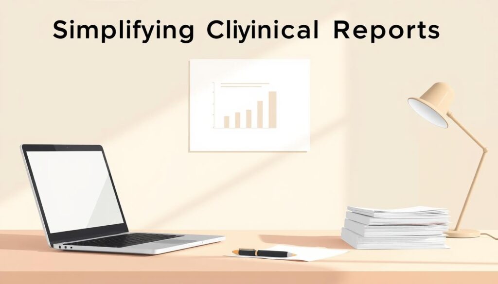 A minimalist and modern illustration depicting the simplification of clinical reports. In the foreground, a clean and organized desk with a laptop, a pen, and a stack of papers, symbolizing the process of streamlining documentation. In the middle ground, a simple but elegant infographic or chart, visualizing key data from the reports in a clear and concise manner. The background features a soft, muted color palette, creating a calming and professional atmosphere. The lighting is natural and diffused, casting a warm glow on the scene. The overall composition conveys a sense of efficiency, organization, and a focus on essential information, reflecting the theme of "Simplifying Clinical Reports".