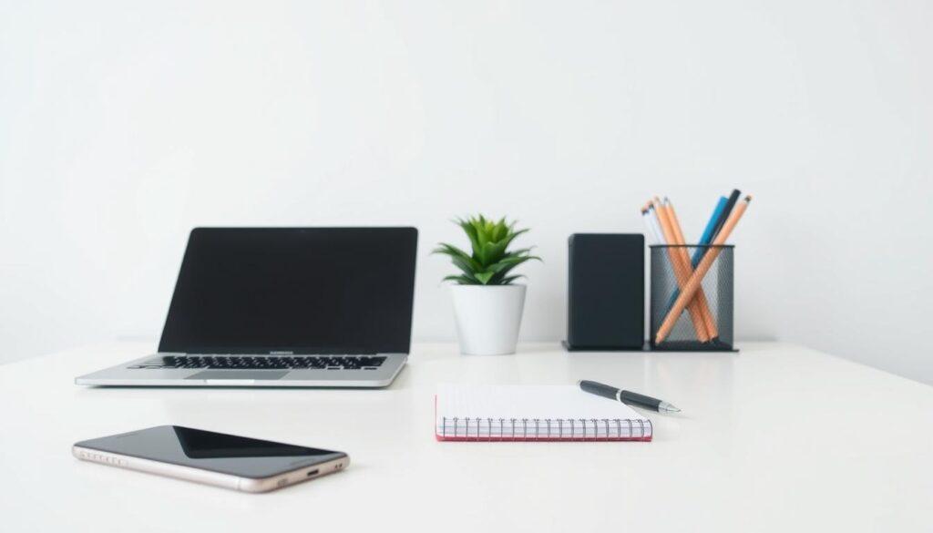 A minimalist office setting with a clean and organized desk showcasing essential management tools. In the foreground, a modern laptop, a sleek smartphone, and a classic pen and notebook. In the middle ground, a potted plant and a stylish desk organizer containing various stationery items. The background features a simple, light-colored wall, creating a calm and professional atmosphere. The lighting is soft and diffused, highlighting the tools and creating a sense of focus and productivity. The composition is balanced and visually appealing, emphasizing the key elements of effective management.