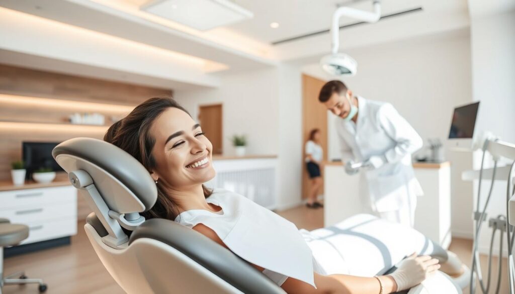 A modern, airy dental clinic with warm, natural lighting. In the foreground, a smiling patient reclines comfortably in a state-of-the-art dental chair, their expression conveying a sense of trust and ease. The dentist, dressed in clean, professional attire, leans in attentively, using the latest digital equipment to ensure a seamless, personalized experience. In the middle ground, the clinic's reception area features a clean, minimalist design, with a welcoming staff ready to attend to the patient's needs. The background showcases the clinic's sleek, contemporary aesthetic, with clean lines, natural materials, and thoughtful, patient-centric details that create a calming, spa-like ambiance.