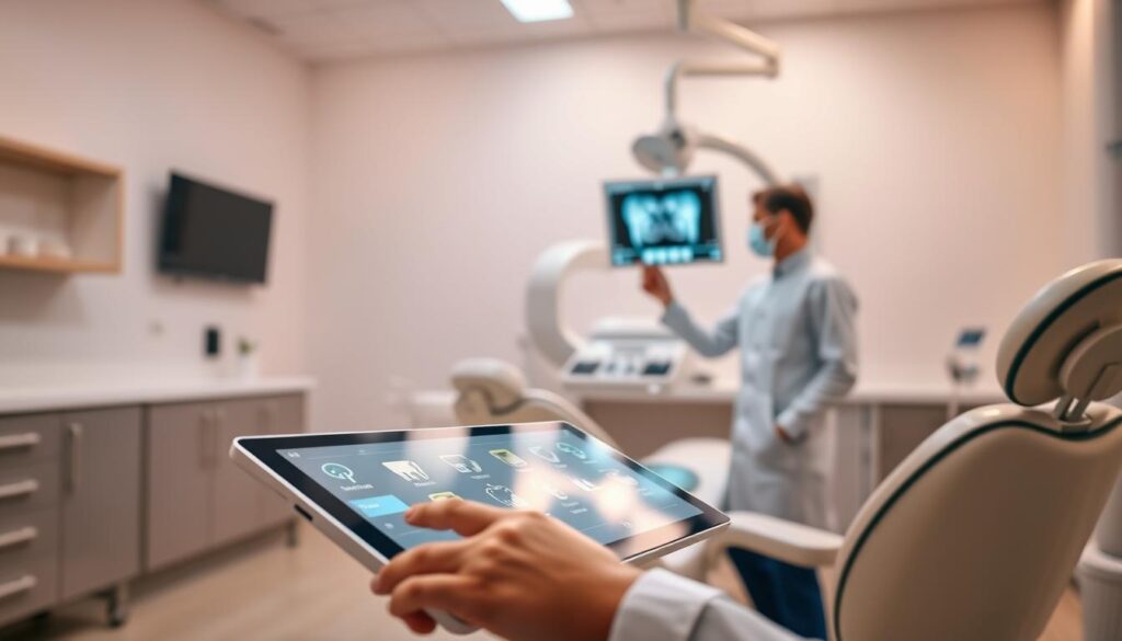 A modern and efficient dental clinic, bathed in soft, warm lighting. In the foreground, a sleek and intuitive tablet interface displays various dental management software tools, highlighting the seamless integration of technology into the clinic's daily operations. In the middle ground, a dentist in a crisp, white lab coat utilizes a state-of-the-art digital x-ray machine, analyzing patient data with precision. The background features a minimalist, yet sophisticated decor, with clean lines and neutral tones that exude a sense of professionalism and calm. The overall scene conveys the harmonious blend of cutting-edge technology and personalized, patient-centric care that defines the future of dental practice management.