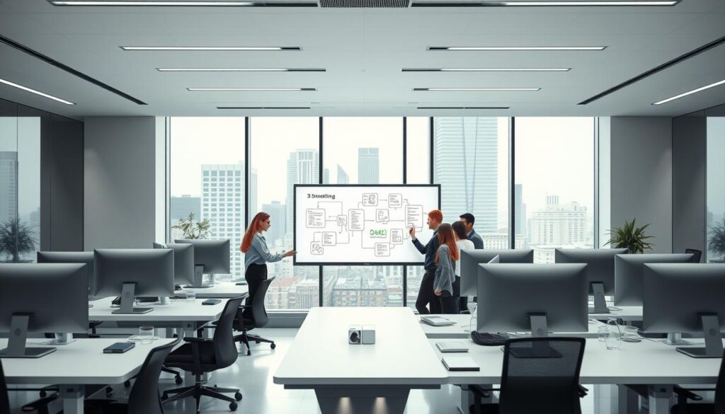 A modern and efficient office setting, with desks and computers arranged in a thoughtful, ergonomic layout. The lighting is soft and diffused, creating a calm and focused atmosphere. In the foreground, a team of professionals collaborating on a digital whiteboard, brainstorming ways to streamline internal processes. The middle ground features a sleek, minimalist design aesthetic, with clean lines and neutral tones. In the background, a panoramic window offers a view of a bustling cityscape, symbolizing the dynamic and ever-evolving nature of the dental practice. The overall scene conveys a sense of productivity, organization, and a commitment to optimizing internal workflows.