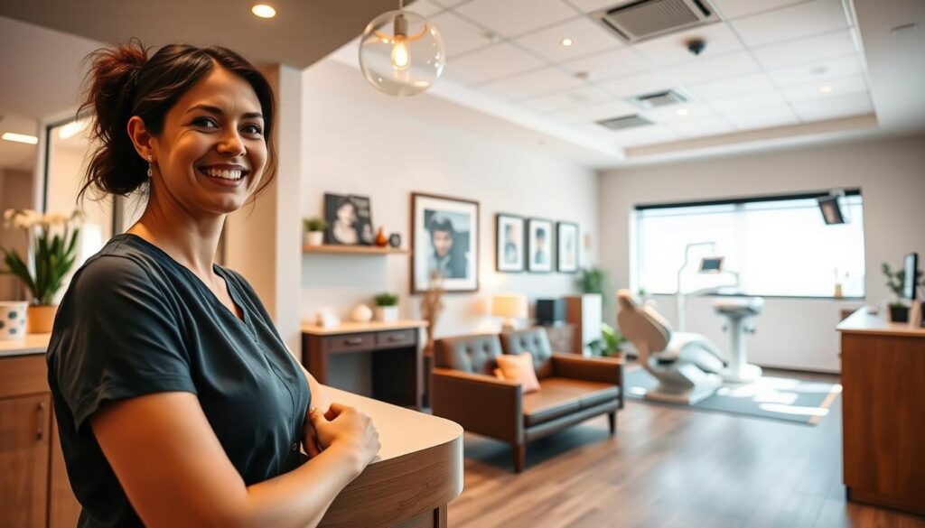 A modern and inviting dental office interior, showcasing a warm and welcoming atmosphere for patient loyalty. The foreground features a friendly receptionist greeting patients, while the middle ground displays a cozy waiting area with comfortable seating and tasteful decor. The background depicts an open, airy treatment room with state-of-the-art dental equipment and natural lighting filtering through large windows. The overall scene conveys a sense of professionalism, care, and attention to patient experience, creating an environment that fosters long-term relationships and patient retention.