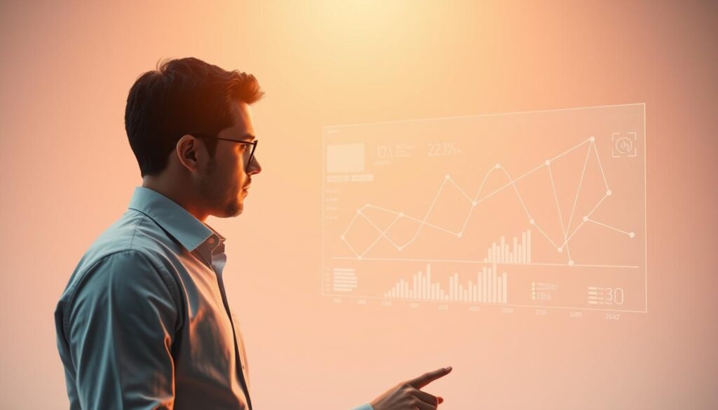 A modern and minimalist illustration of data utilization for informed decision-making. In the foreground, a businessperson thoughtfully examining a holographic dashboard displaying key metrics and insights. The middle ground features a sleek, abstract data visualization, with interlocking shapes and lines representing the flow of information. The background is a clean, soft-toned gradient, evoking a sense of technological sophistication. The overall scene is bathed in warm, directional lighting, creating depth and emphasizing the importance of the data-driven decision-making process. Captured with a wide-angle lens to convey a sense of scale and significance.