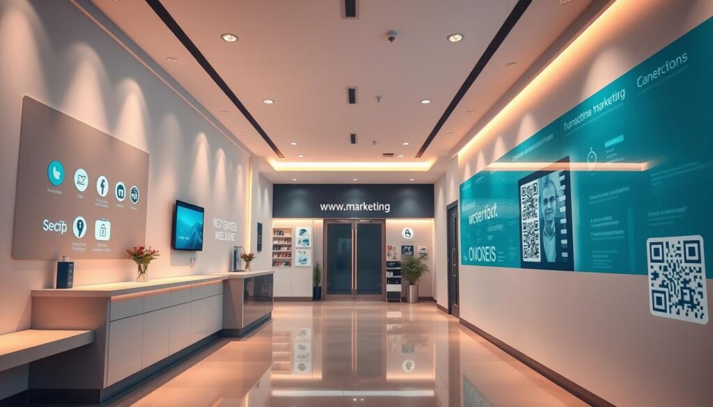 A modern and minimalist medical clinic with a sleek and professional interior. The image showcases various marketing channels prominently displayed on the walls, such as social media icons, a website URL, and QR codes. The lighting is warm and inviting, with a balance of natural and artificial sources. The composition features a clean, airy layout with ample negative space, emphasizing the clinic's focus on its digital marketing strategies. The overall mood is one of sophistication, efficiency, and a patient-centric approach to healthcare marketing.