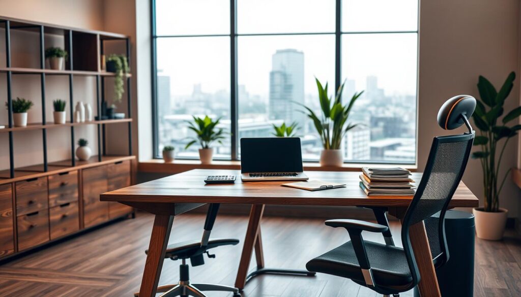 A modern and minimalist office interior with a wooden desk and ergonomic chair. On the desk, a laptop, calculator, and neat stack of financial documents. The background features sleek shelving units, potted plants, and a large window overlooking a cityscape. The lighting is warm and diffused, creating a calm and productive atmosphere. The overall composition conveys a sense of financial control, organization, and attention to detail.