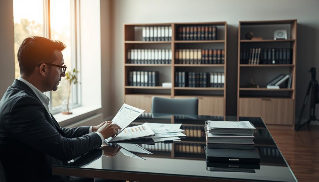 A modern and minimalist office scene showcasing the concept of "Gestão de Riscos e Conformidade Legal". In the foreground, a professional-looking person, dressed in a smart suit, is carefully reviewing legal documents and financial reports on a sleek, glass-topped desk. The middle ground features a well-organized bookshelf filled with binders and law books, hinting at the attention to detail and compliance required. The background is filled with muted, neutral tones, creating a sense of calm and professionalism. Soft, directional lighting from a large window casts a warm glow, emphasizing the importance of this legal and risk management process. The overall atmosphere conveys a sense of control, diligence, and adherence to regulations within a contemporary, minimalist workspace.