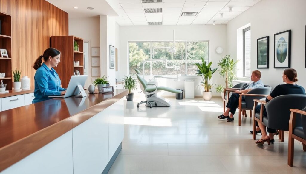 A modern and organized dental office interior, with a warm and inviting atmosphere. In the foreground, a reception desk with a professional-looking receptionist, and patients seated in comfortable chairs. The middle ground features a well-equipped examination room, with medical equipment and a dentist working diligently. The background showcases a clean, minimalist waiting area with potted plants, artwork, and natural lighting filtering in through large windows. The overall scene conveys a sense of efficiency, professionalism, and patient-centric care, reflecting the practical strategies for effective practice management.