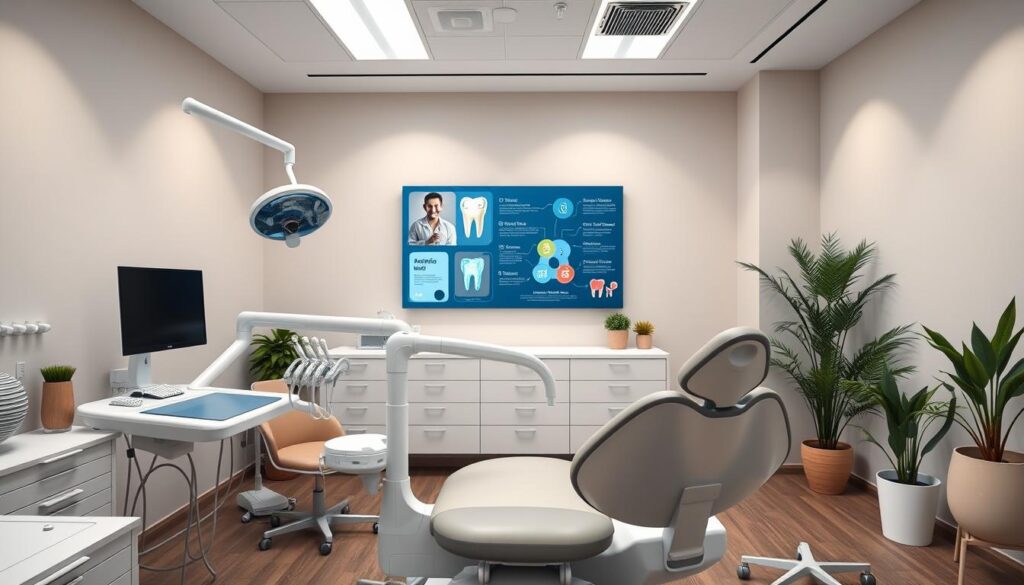 A modern and professional dental office with clean, minimalist design. In the foreground, an array of dental tools and instruments, including a high-tech dental chair, a brightly lit and reflective examination mirror, and various diagnostic instruments. The middle ground features a digital display showcasing dental procedures and treatments, with infographics and iconography highlighting the clinic's services. The background depicts a serene, calming environment with soft lighting, neutral-toned walls, and natural elements like potted plants, creating an atmosphere of comfort and care. The overall composition conveys the integration of advanced technology, medical expertise, and a patient-centric approach in the field of dental marketing.