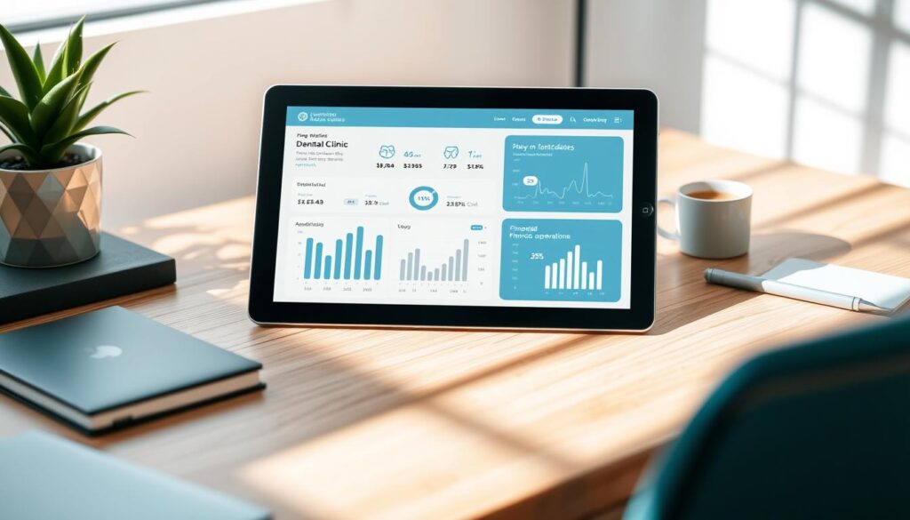 A modern and professional financial dashboard displayed on a tablet screen, showcasing key metrics and analytics for a dental clinic's financial operations. The interface features clean typography, intuitive data visualizations, and a minimalist color palette of blues and grays. The tablet is positioned on a sleek, wooden desk, surrounded by office supplies and a potted plant, conveying a sense of organization and productivity. Soft, directional lighting casts subtle shadows and highlights the screen's contents, creating depth and dimensionality. The overall scene exudes a sense of efficiency, control, and financial sustainability for the dental practice.