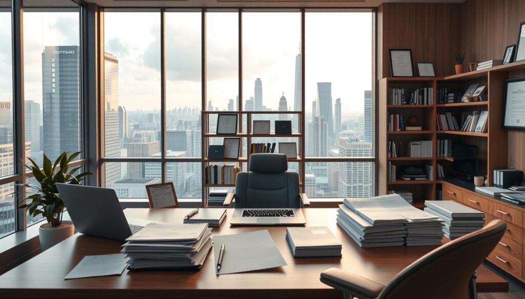 A modern and sleek office interior, with a mid-century modern aesthetic. In the foreground, a dentist's desk with various managerial tools and materials, such as a laptop, a calendar, and a pile of documents. In the middle ground, bookshelves filled with medical and business management books, alongside framed certificates and awards. The background features large windows overlooking a bustling city skyline, providing a sense of professionalism and success. The lighting is soft and warm, creating a calming and productive atmosphere. The overall composition conveys the importance of effective management strategies for dentists to run a successful practice.