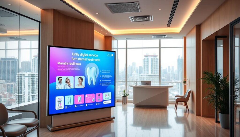 A modern and stylish dental clinic, with a minimalist interior design featuring clean lines, light wood tones, and soft ambient lighting. In the foreground, a digital screen displays a vibrant, eye-catching marketing campaign for the clinic's digital services, showcasing dental treatments, patient testimonials, and appointment booking options. The middle ground features a receptionist's desk and a waiting area with comfortable seating. In the background, a large window provides a view of a bustling urban cityscape, conveying a sense of a thriving, digitally-savvy dental practice catering to a modern, tech-savvy clientele. The overall atmosphere is one of professionalism, innovation, and a focus on delivering a premium digital experience for patients.