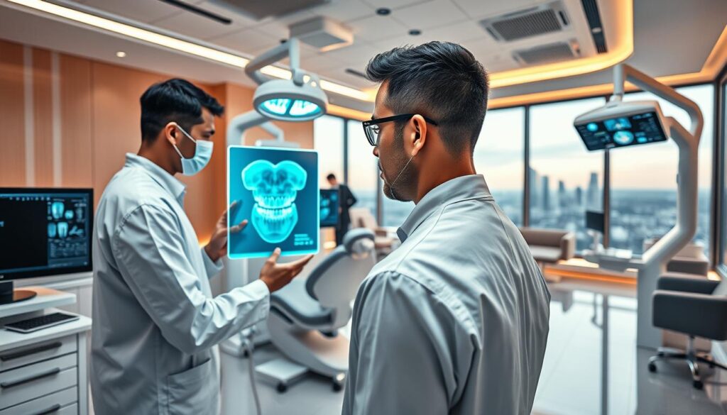 A modern and technologically-advanced dental office, filled with cutting-edge equipment and digital displays. In the foreground, a dentist utilizes a sleek, holographic interface to examine a patient's 3D rendered teeth, while an assistant monitors diagnostic screens. The middle ground showcases a panoramic X-ray machine and an intraoral scanner, their streamlined designs complementing the minimalist, yet sophisticated decor. The background reveals a panoramic view of the clinic, with minimalist furniture, warm mood lighting, and large windows showcasing the city skyline, symbolizing the integration of technology and innovation in the future of dentistry.
