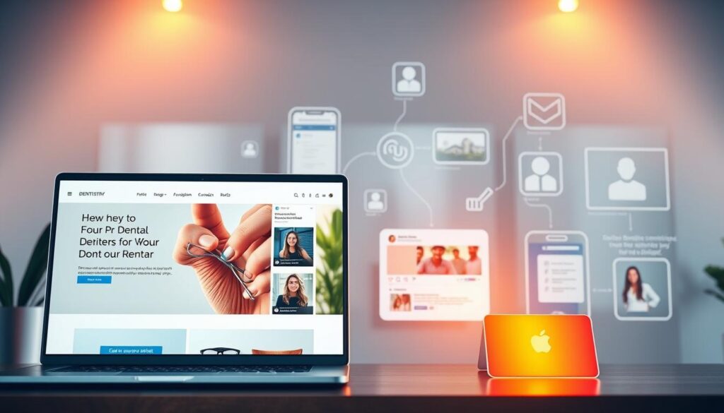 A modern and vibrant digital marketing strategy for a dentistry practice, showcasing a range of online tactics. In the foreground, a sleek, professional-looking website with clean typography and engaging imagery. In the middle ground, social media platforms like Instagram and Facebook, displaying beautifully curated posts and advertisements targeted at the local community. In the background, search engine optimization techniques, email marketing campaigns, and online reputation management tools, all working together to drive new patient acquisition and retention. Warm, soft lighting illuminates the scene, creating an atmosphere of trust, expertise, and innovation. The overall composition conveys a comprehensive, forward-thinking approach to dental marketing in the digital age.