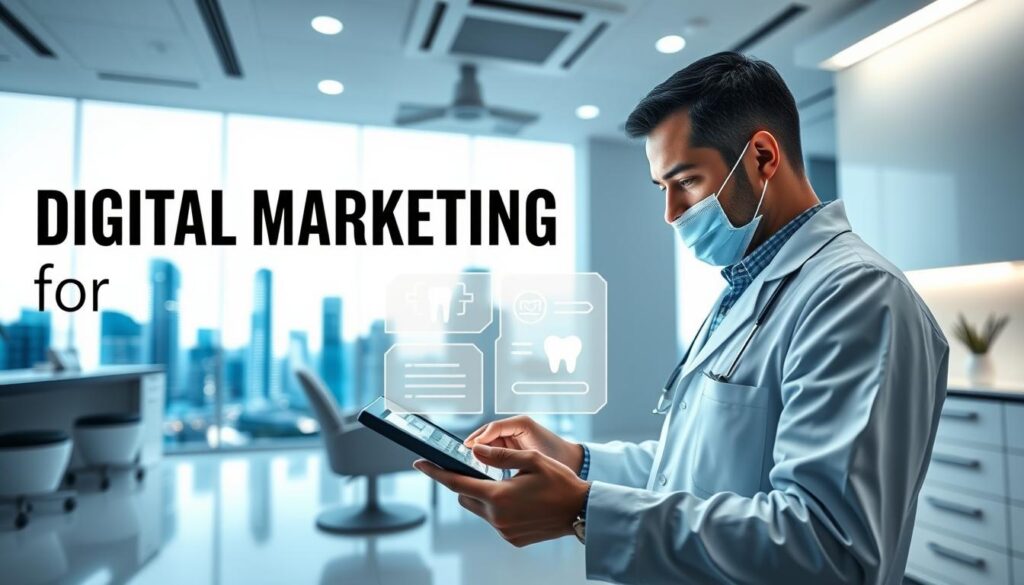 A modern and visually appealing image of digital marketing for dentists, showcasing a dentist's office in the foreground with a sleek, minimalist aesthetic. The dentist is using a tablet device to demonstrate digital strategies to patients, with subtle infographic elements in the middle ground highlighting key statistics or benefits. In the background, a cityscape with skyscrapers and a vibrant, futuristic atmosphere to convey the progressive and technology-driven nature of digital marketing for dental practices. The lighting is clean, crisp, and evenly distributed, creating a professional and authoritative tone. The camera angle is slightly elevated, giving the viewer a sense of authority and expertise.