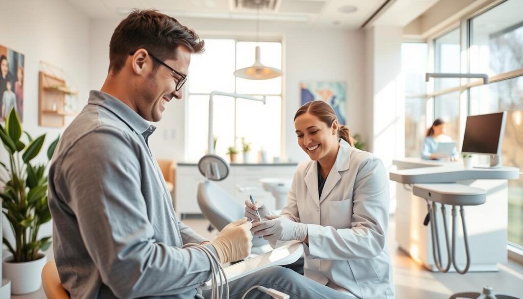 A modern and welcoming dental clinic interior, bathed in warm natural light from large windows. In the foreground, a smiling patient receiving attentive care from a kind, professional dentist. The middle ground showcases streamlined, state-of-the-art dental equipment and soothing decor elements like plants and artwork, creating a relaxing atmosphere. The background features a reception area with a friendly staff member greeting visitors. An overall sense of cleanliness, comfort and personalized attention, reflecting the clinic's commitment to improving the patient experience.