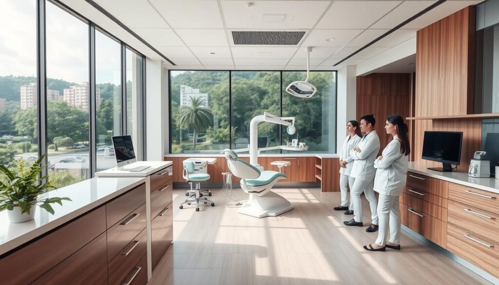 A modern and well-equipped dental clinic, with a clean and inviting atmosphere. In the foreground, a large, panoramic window offers a pleasant view of a lush, urban landscape. The clinic's reception area features a sleek, minimalist design with natural wood and metal accents, creating a calming and professional ambiance. The middle ground showcases the latest dental equipment and technology, reflecting the clinic's commitment to providing high-quality care. In the background, a team of skilled dental professionals, dressed in pristine white uniforms, attend to patients with a warm and attentive demeanor, ensuring a seamless and personalized experience.