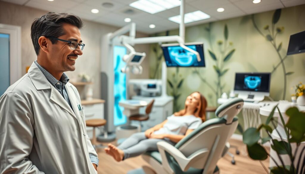 A modern and well-equipped dental clinic, with a warm and inviting atmosphere. In the foreground, a friendly dentist, wearing a clean white coat, is engaged in a warm conversation with a relaxed patient sitting comfortably in a high-tech dental chair. The middle ground showcases the latest dental technology, including a panoramic X-ray machine and a state-of-the-art dental unit. The background features a soothing, nature-inspired decor, with calming colors and soft lighting, creating a serene and therapeutic environment that puts the patient at ease. The overall scene conveys a sense of professionalism, care, and a genuine focus on improving the patient's experience.