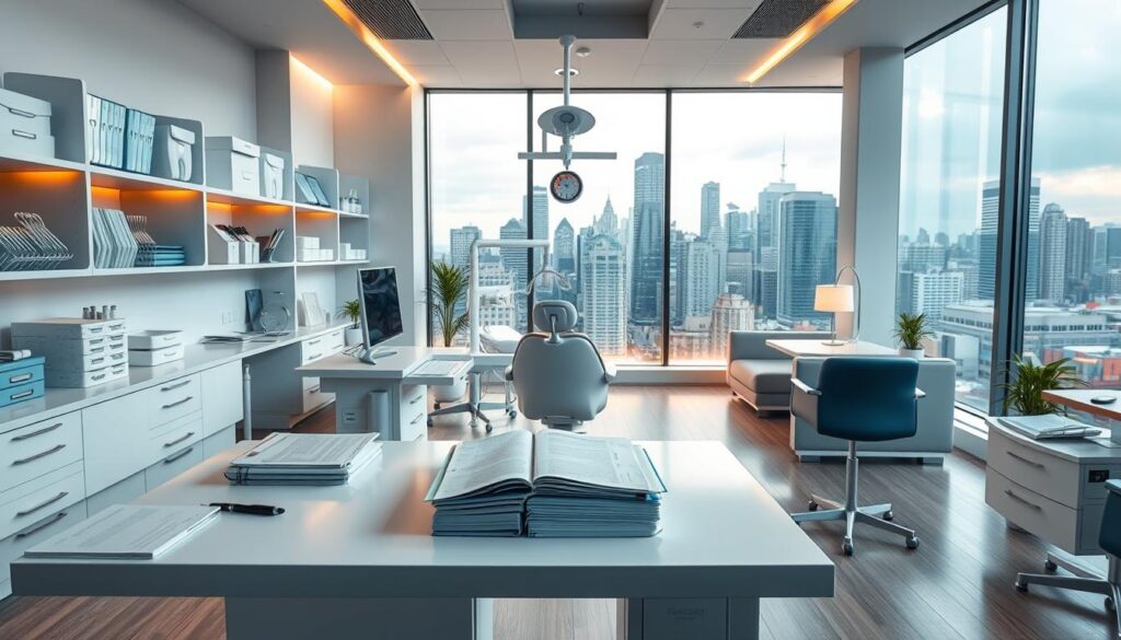 A modern and well-organized dental office, with a clean and professional atmosphere. In the foreground, a dentist's desk with neatly arranged files, a computer, and a sleek, minimalist design. Behind it, dental equipment and tools meticulously organized on shelves, conveying a sense of efficiency and attention to detail. The middle ground features a comfortable waiting area with modern furniture and warm lighting, creating a welcoming environment for patients. In the background, a large window overlooking a bustling city skyline, symbolizing the growth and success of the dental practice. The overall scene exudes a sense of order, control, and a dedication to providing high-quality care.