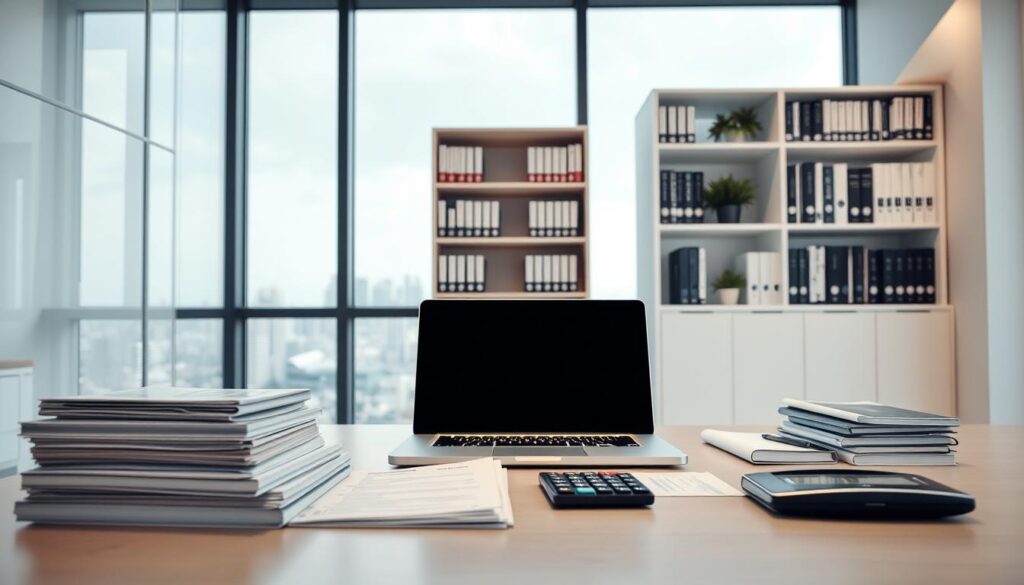 A modern and well-organized office, with a clean and professional atmosphere. In the foreground, a neatly arranged desk featuring a laptop, a stack of financial documents, and a calculator. The middle ground showcases a minimalist bookshelf filled with accounting and finance-related books. The background depicts a large window overlooking a cityscape, providing a sense of tranquility and a connection to the outside world. The lighting is soft and even, creating a calming and focused ambiance. The overall composition conveys a sense of efficiency, attention to detail, and financial expertise.