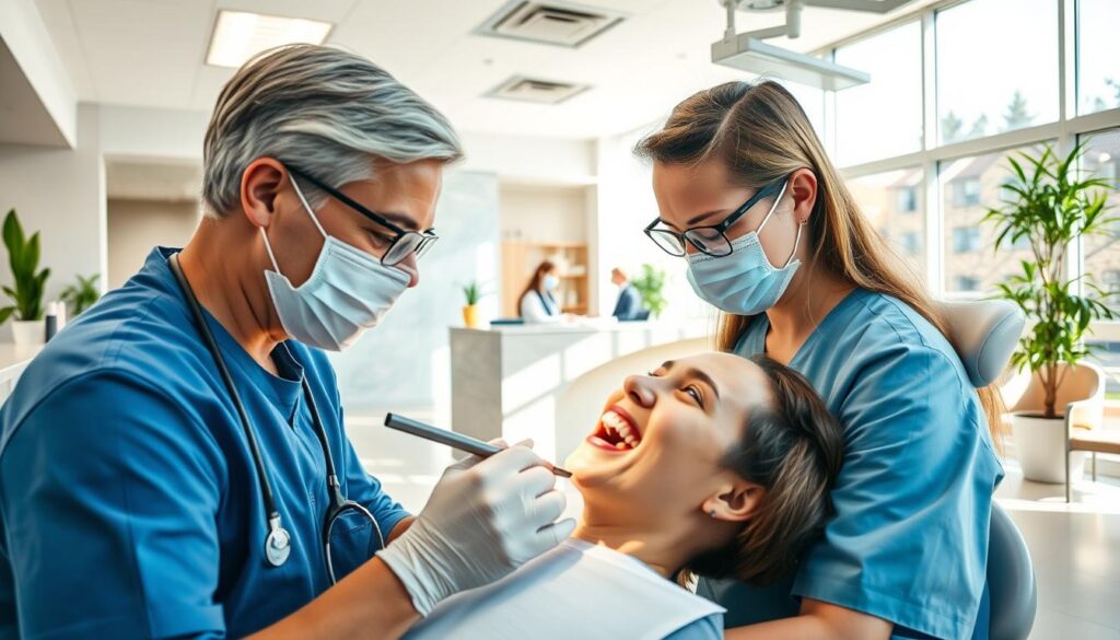 A modern, brightly lit dental clinic interior. In the foreground, a dentist attentively examining a patient's teeth, their faces conveying a sense of trust and care. The middle ground features a reception desk with a friendly receptionist assisting another patient. The background showcases the clinic's welcoming atmosphere, with comfortable waiting chairs, potted plants, and natural light filtering through large windows. The overall scene evokes a professional, patient-centric environment focused on delivering a positive healthcare experience.