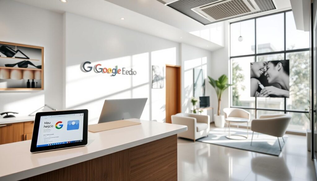 A modern, clean and professional-looking clinic interior with a reception desk and waiting area. The Google Meu Negócio logo is prominently displayed on the reception desk, with a tablet or laptop showcasing the clinic's Google Business Profile. The space is well-lit, with plenty of natural light streaming in through large windows. The decor features a calming color palette of soft grays, whites, and blues, creating a serene and inviting atmosphere. The clinic's branding and imagery are tastefully integrated throughout the space, reflecting the high-quality dental services offered.