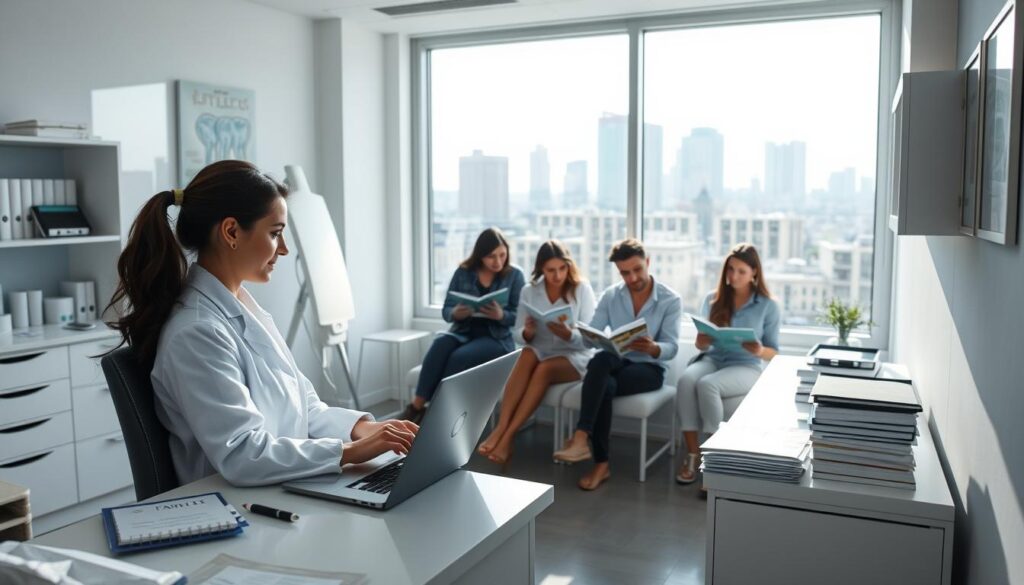 A modern, clean and professional medical office interior, with a large window overlooking a cityscape. In the foreground, a woman in a white lab coat sits at a desk, typing on a laptop and surrounded by medical supplies and patient files. In the middle ground, a group of patients in the waiting area, reading magazines and looking engaged. The lighting is bright and natural, creating a calming and inviting atmosphere. The color palette is muted, with shades of gray, blue, and white, conveying a sense of professionalism and care. The overall scene captures the essence of content marketing for a dental clinic, focusing on patient engagement and a welcoming environment.