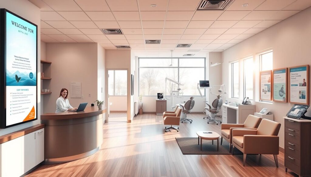 A modern, clean, and visually appealing dental clinic interior, bathed in warm, natural lighting from large windows. In the foreground, a welcoming reception desk with a friendly receptionist, digital signage highlighting the clinic's services, and a cozy seating area with comfortable chairs. In the middle ground, a hallway leading to exam rooms, with informative posters and brochures on dental hygiene and treatments. The background features state-of-the-art dental equipment, a relaxing color palette, and a general atmosphere of professionalism and care, conveying the clinic's focus on patient satisfaction and retention.