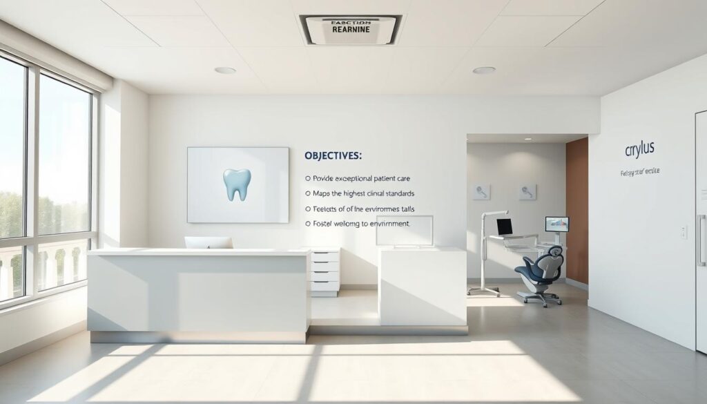 A modern, clean dental clinic interior with clear, defined goals prominently displayed. Bright natural lighting floods the space through large windows, highlighting the minimalist design aesthetic. In the foreground, a sleek reception desk with a wall-mounted display showcasing key objectives for the practice, such as providing exceptional patient care, maintaining the highest clinical standards, and fostering a welcoming environment. The middle ground features examination rooms with state-of-the-art equipment, conveying professionalism and attention to detail. The background showcases the clinic's branding, creating a cohesive and aspirational atmosphere that inspires confidence in the clinic's mission and direction.