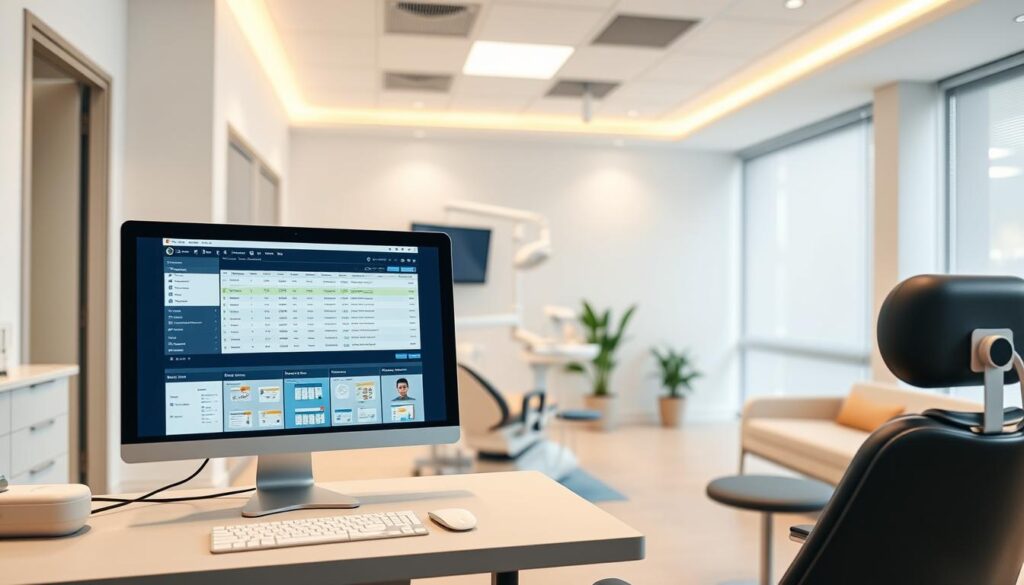 A modern, clean dental clinic interior with state-of-the-art technology. The foreground features a professional-grade computer workstation with a sleek monitor displaying patient records and scheduling software. The middle ground showcases a dental chair surrounded by medical equipment and instruments, conveying efficient and streamlined clinical workflows. The background depicts a well-lit, minimalist waiting area with comfortable seating and soothing natural elements like potted plants, creating a calming ambiance for patients. Soft, diffused lighting and a neutral color palette contribute to an atmosphere of professionalism and care. The overall scene captures the essence of optimized dental practice management through the strategic use of digital technologies.