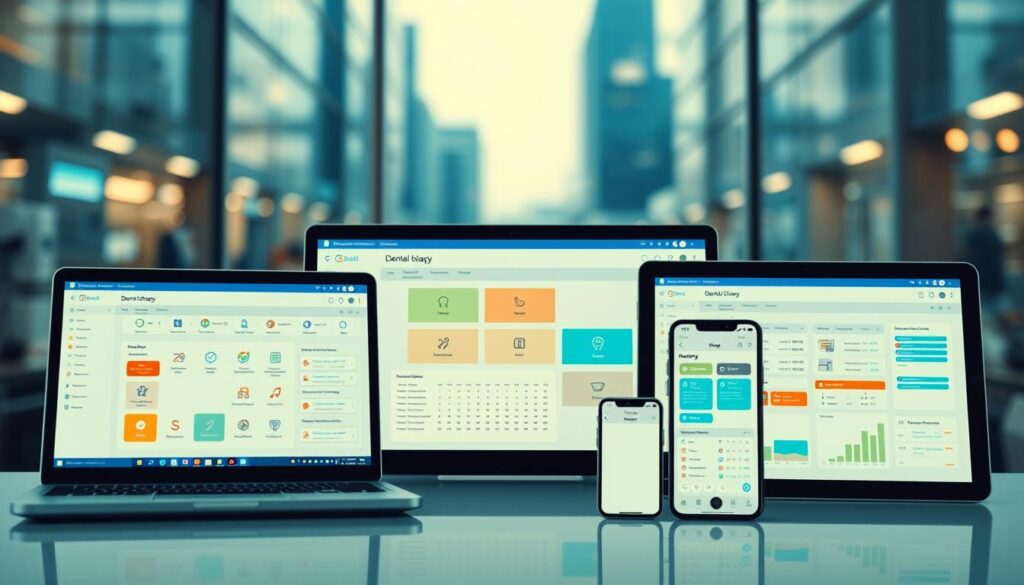 A modern, clean-lined, and user-friendly dental practice management software suite, displayed on a variety of digital devices - a laptop, tablet, and smartphone - arranged in a cohesive composition. The devices are illuminated by soft, indirect lighting, creating a warm, professional atmosphere. The software interface features intuitive icons, clean layouts, and color-coded sections for easy navigation. In the background, a blurred cityscape suggests an urban, bustling medical center setting. The overall impression conveys efficiency, organization, and the seamless integration of technology to enhance the patient experience at a dental clinic.