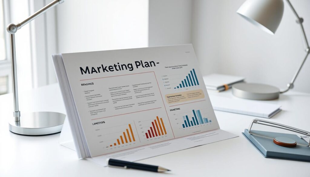 A modern, clean-lined marketing plan displayed on a minimalist white desk, surrounded by office supplies and a stylish desk lamp. The plan features well-organized sections, graphics, and data visualizations that convey a clear, strategic approach. The lighting is soft and natural, creating a focused, professional atmosphere. The angle is slightly elevated, offering a comprehensive view of the marketing plan's contents. The overall mood is one of efficiency, attention to detail, and a thoughtful, informed marketing strategy.