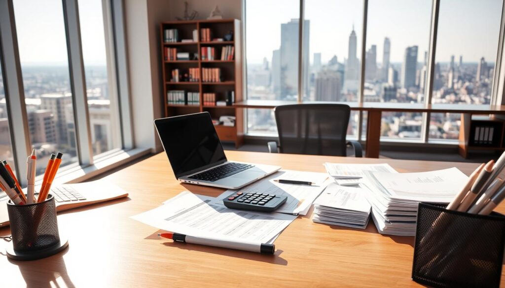 A modern, clean-lined office interior with a large wooden desk, a laptop, a calculator, and stacks of financial documents. Bright natural lighting filters in through floor-to-ceiling windows, casting a warm glow across the workspace. In the foreground, a well-organized array of pens, highlighters, and a sleek black pen holder sit atop the desk, reflecting the attention to detail in financial management. The middle ground features a swivel chair and a bookshelf filled with accounting and finance references, while the background showcases an expansive city skyline, symbolizing the broader business landscape. The overall atmosphere conveys a sense of professionalism, efficiency, and a focus on meticulous financial control and cost optimization.