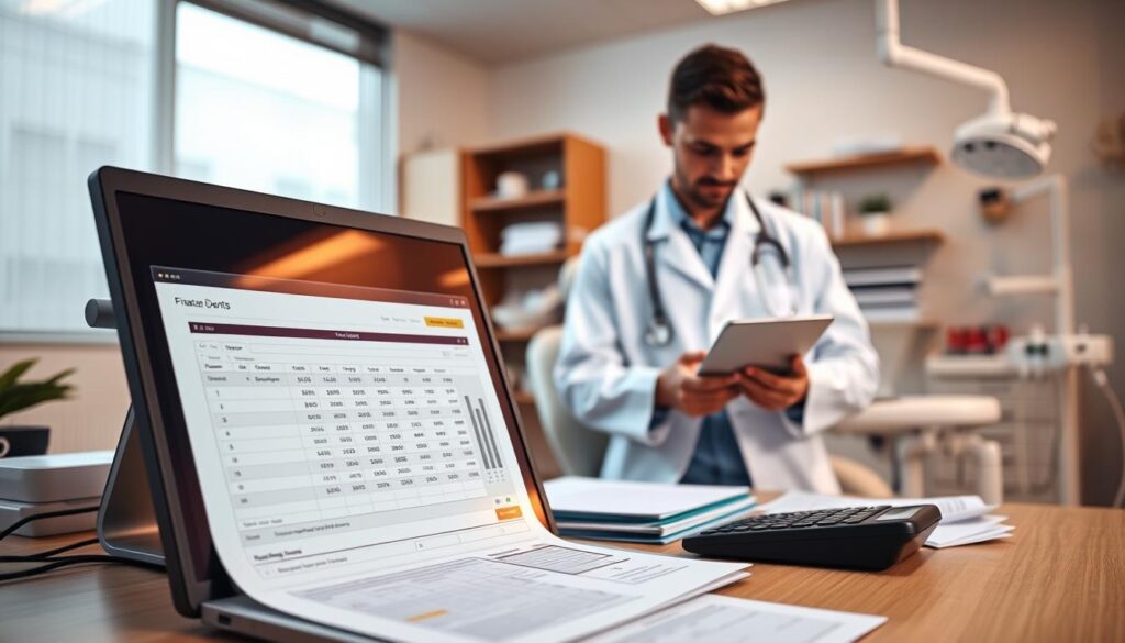 A modern, clean-looking office setting showcasing the financial management of a dental practice. In the foreground, a desktop computer displays a spreadsheet with detailed financial data, accompanied by a calculator and neatly organized documents. In the middle ground, a professional-looking person in a white coat reviews the financial information, conveying a sense of careful oversight and analysis. The background features dental equipment and supplies, subtly indicating the healthcare focus of the business. Warm, soft lighting creates a calming, productive atmosphere, while the composition emphasizes the importance of financial control and management in the successful operation of a dental practice.