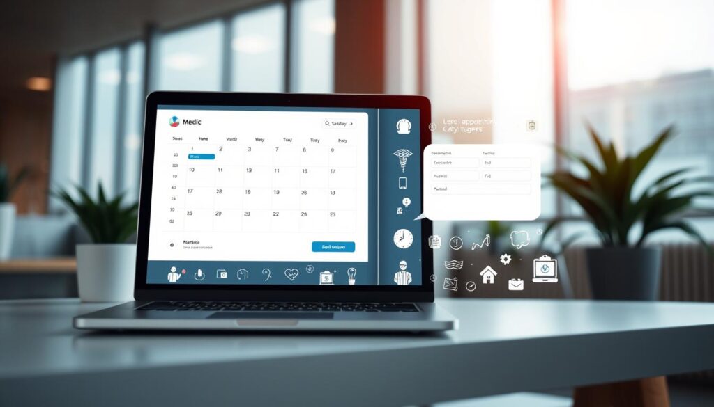 A modern, clean-looking online scheduling system for a medical clinic. The foreground shows a sleek, responsive web interface with an appointment booking calendar, patient information forms, and intuitive navigation buttons. The middle ground depicts various medical icons, symbols, and illustrations related to healthcare services. The background features a blurred, out-of-focus cityscape or clinic building, conveying a professional, tech-savvy atmosphere. The lighting is soft and natural, creating a calming, user-friendly vibe. The camera angle is slightly elevated, providing an overview of the system's key features and functionality.