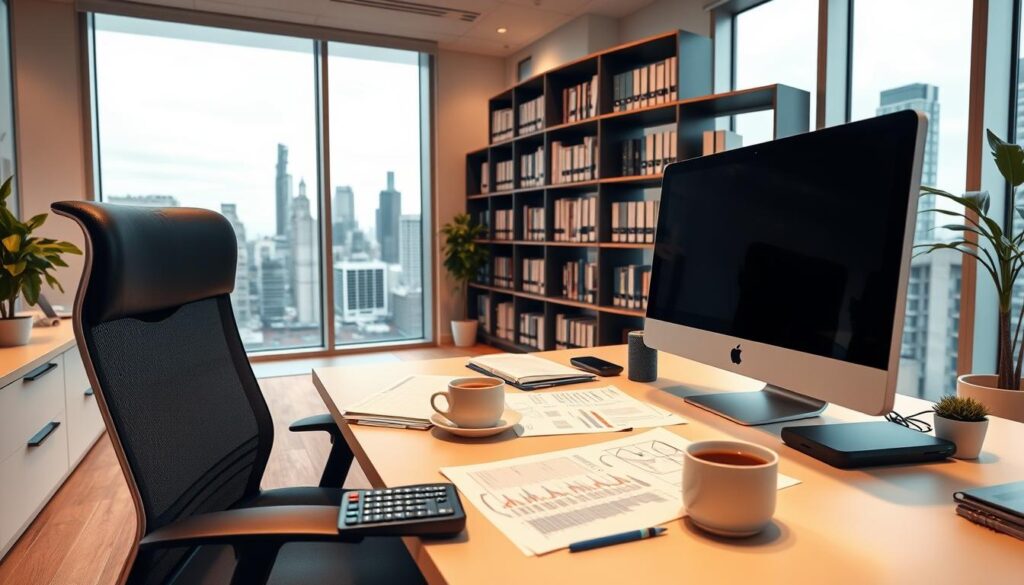 A modern, clean office interior with a desk, chair, and computer monitor in the foreground. On the desk, various financial documents, a calculator, and a cup of coffee. The middle ground features a bookshelf with accounting and finance books, while the background showcases a large window overlooking a cityscape. The lighting is soft and warm, creating a professional and productive atmosphere. The camera angle is slightly elevated, providing a comprehensive view of the scene.