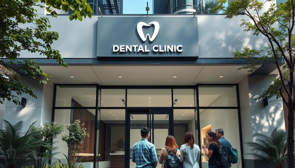 A modern dental clinic entrance with a sleek, minimalist design. The front facade features floor-to-ceiling windows, allowing natural light to flood the interior. A bold, branded sign with the clinic's name hangs above the entrance, subtly incorporating dental icons. The surrounding area is lush with greenery, creating a serene, inviting atmosphere. In the foreground, a group of people are engaged in conversation, showcasing the clinic's focus on patient experience and community. The scene is captured with a wide-angle lens, emphasizing the architectural elements and the integration of the clinic within its urban setting. The overall mood is one of professionalism, innovation, and approachability, reflecting the clinic's commitment to digital marketing strategies that attract and retain patients.