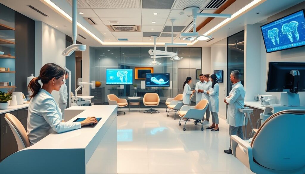 A modern dental clinic filled with state-of-the-art equipment and technology. In the foreground, a receptionist seated at a sleek, minimalist desk, using a touchscreen interface to manage patient appointments. The middle ground showcases a spacious waiting area with comfortable chairs and soothing decor, creating a calm and inviting atmosphere. In the background, a team of dental professionals, dressed in crisp white uniforms, collaborating on treatment plans and patient records displayed on high-resolution monitors. Soft, warm lighting illuminates the scene, conveying a sense of professionalism and efficiency. The overall image reflects the seamless integration of technology and patient-centric care, epitomizing the essence of "Gestão de Agendamentos com Odonto Gestão".