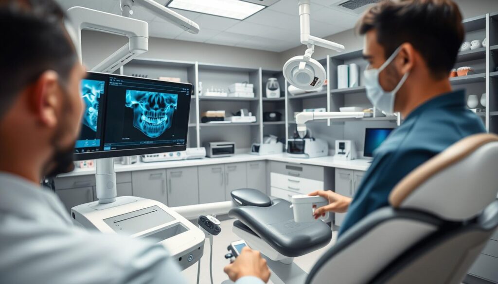 A modern dental clinic filled with state-of-the-art technology. In the foreground, a dentist using a digital x-ray machine, the screen displaying a detailed image of a patient's teeth. In the middle ground, a sleek and ergonomic dental chair, equipped with computerized controls and a touchscreen interface. In the background, shelves with advanced diagnostic tools, dental lasers, and 3D printing equipment. The lighting is bright and clean, creating a professional and efficient atmosphere. The overall scene conveys the seamless integration of cutting-edge technology into the practice of dentistry, empowering the dentist to provide the highest quality of care.