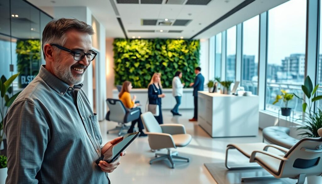 A modern dental clinic in the year 2025, with patients happily engaged with healthcare professionals. In the foreground, a middle-aged patient smiles as they complete a digital check-in on a sleek touchscreen display. The middle ground features a comfortable waiting area with ergonomic chairs, tranquil lighting, and a living plant wall, conveying a sense of wellness. In the background, the clinic's reception desk is manned by attentive staff, and large windows provide a calming view of a cityscape. The overall atmosphere is one of high-tech efficiency, personalized care, and patient-centric design, reflecting the "Fidelização de Pacientes em 2025" vision.