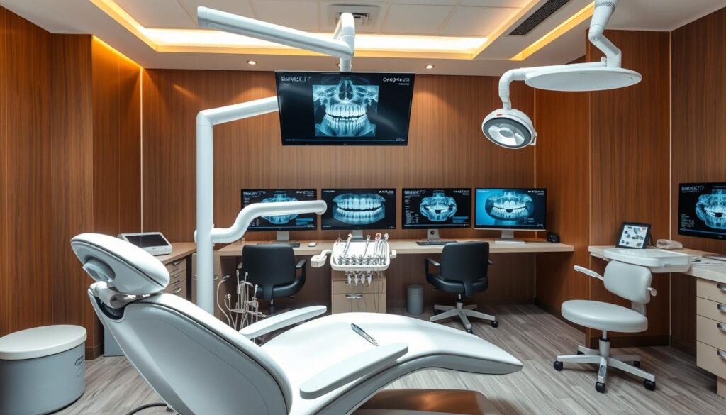 A modern dental clinic interior, bathed in warm, natural lighting. In the foreground, a sleek, state-of-the-art dental chair with cutting-edge instruments and tools neatly arranged. The middle ground features a panoramic X-ray machine, its display showing detailed images of a patient's teeth. In the background, a bank of computer monitors displaying dental software interfaces, showcasing the latest advancements in digital dentistry. The overall scene conveys a sense of technological sophistication, efficiency, and patient-centric care.