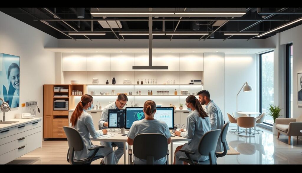 A modern dental clinic interior, showcasing an efficient team management. In the foreground, a group of dental professionals collaborating at a centralized workstation, discussing patient records and treatment plans on sleek digital displays. The middle ground features a well-organized supply room, with neatly arranged instruments and materials. The background depicts a serene waiting area with comfortable seating and soothing natural lighting, conveying a sense of professionalism and patient-centric care. The overall scene radiates a harmonious, technology-driven, and cohesive atmosphere, reflecting the principles of effective team management in a contemporary dental practice.