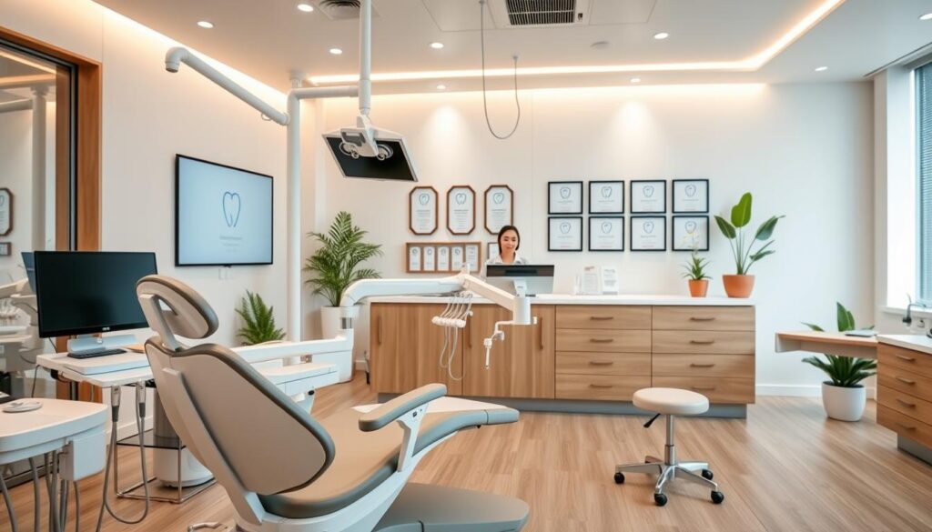 A modern dental clinic interior with a focus on dental quality management. In the foreground, a dental chair with sleek, minimalist design, surrounded by state-of-the-art equipment and instruments. The middle ground features a reception desk with a friendly receptionist, and a display showcasing dental quality certifications and awards. The background has a calm, soothing atmosphere with warm lighting, potted plants, and clean, white walls. The overall scene conveys a sense of professionalism, attention to detail, and a commitment to high-quality dental care.