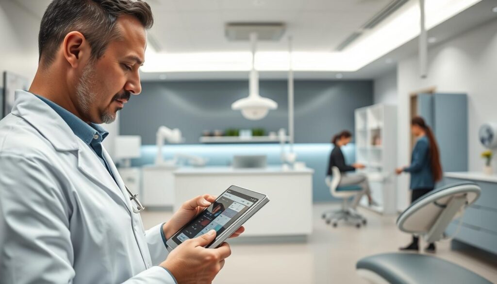 A modern dental clinic interior with a minimalist, clean aesthetic. In the foreground, a dentist reviewing a patient's schedule on a tablet, their brow furrowed in concentration. In the middle ground, an organized reception desk with a receptionist efficiently managing appointments. The background showcases the clinic's organization, with neatly arranged instruments, sterilized examination areas, and a soothing color palette of blues and whites. Soft, indirect lighting illuminates the space, creating a tranquil, professional atmosphere. The overall scene conveys the importance of effective time management and organizational practices in delivering high-quality dental care.