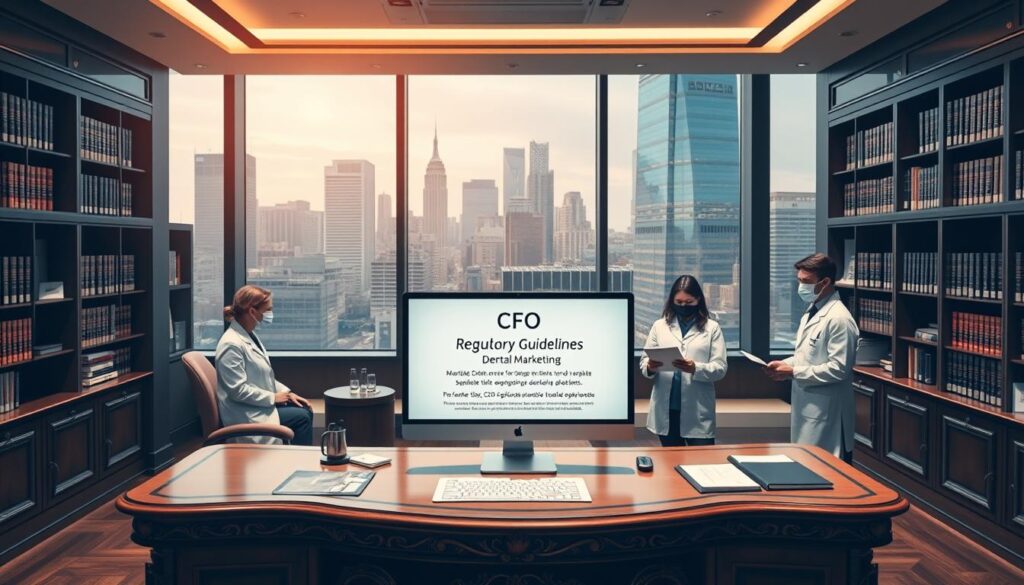 A modern dental clinic interior with a professional and authoritative atmosphere. The foreground features a large, ornate desk with a central computer monitor displaying the CFO regulatory guidelines for dental marketing. Surrounding the desk are bookcases filled with legal tomes and official documents. The middle ground showcases a team of dental professionals in white coats reviewing marketing materials, ensuring compliance. The background depicts floor-to-ceiling windows overlooking a bustling city skyline, conveying a sense of urban sophistication. The lighting is warm and inviting, with subtle shadows and highlights accentuating the clinical yet sophisticated ambiance.