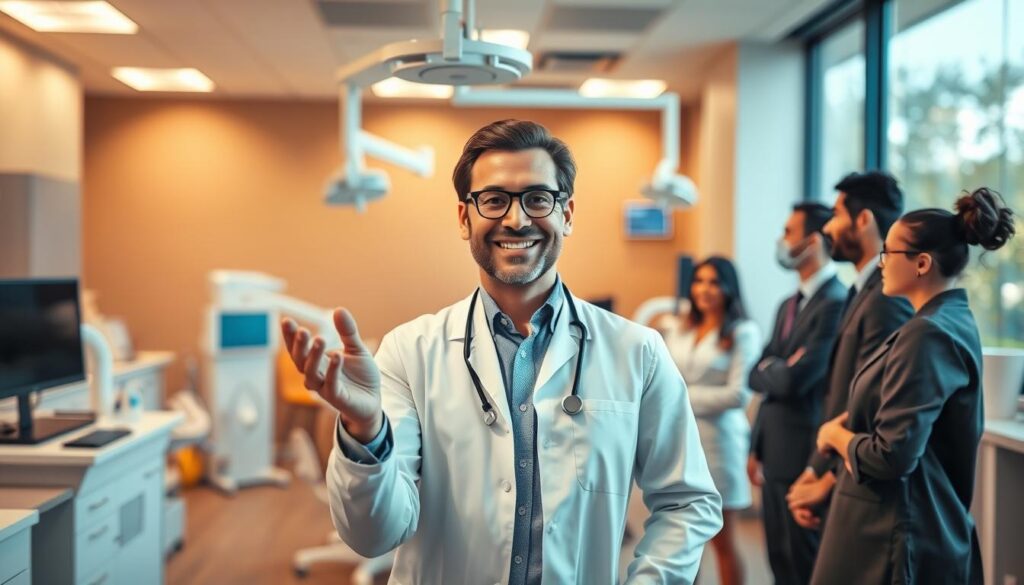 A modern dental clinic interior with a professional, empowering atmosphere. In the foreground, a confident, experienced dentist leads a team meeting, gesturing with authority and purpose. The middle ground showcases state-of-the-art equipment and technology, reflecting the clinic's commitment to innovative patient care. The background features warm, neutral tones, creating a calming, patient-centric environment. Abundant natural lighting filters in, conveying a sense of transparency and approachability. The overall scene exudes a spirit of collaborative leadership, clinical excellence, and a patient-first mentality.