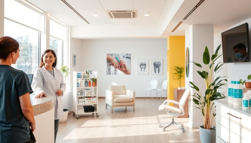 A modern dental clinic interior with a vibrant, welcoming atmosphere. In the foreground, a patient consultation area with a friendly receptionist greeting a patient. In the middle ground, a display of dental health products and a relaxing waiting area with comfortable chairs. The background features a bright, airy space with large windows, clean white walls, and subtle medical-themed artwork. Warm, natural lighting illuminates the scene, creating a calming, professional ambiance that invites patients to feel at ease. The overall composition conveys a sense of trust, care, and a commitment to exceptional dental services.