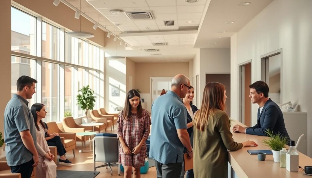A modern dental clinic interior with a warm, inviting atmosphere. In the foreground, a group of diverse patients - men, women, and children - engage with friendly staff at the reception desk. The middle ground showcases a waiting area with comfortable seating, tasteful decor, and natural lighting streaming through large windows. In the background, hallways lead to private exam rooms and a professional, well-equipped dental facility. The overall scene conveys a sense of trust, care, and a focus on serving the needs of the local community.